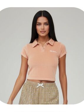 UO iets frans M tan velour shrunken polo